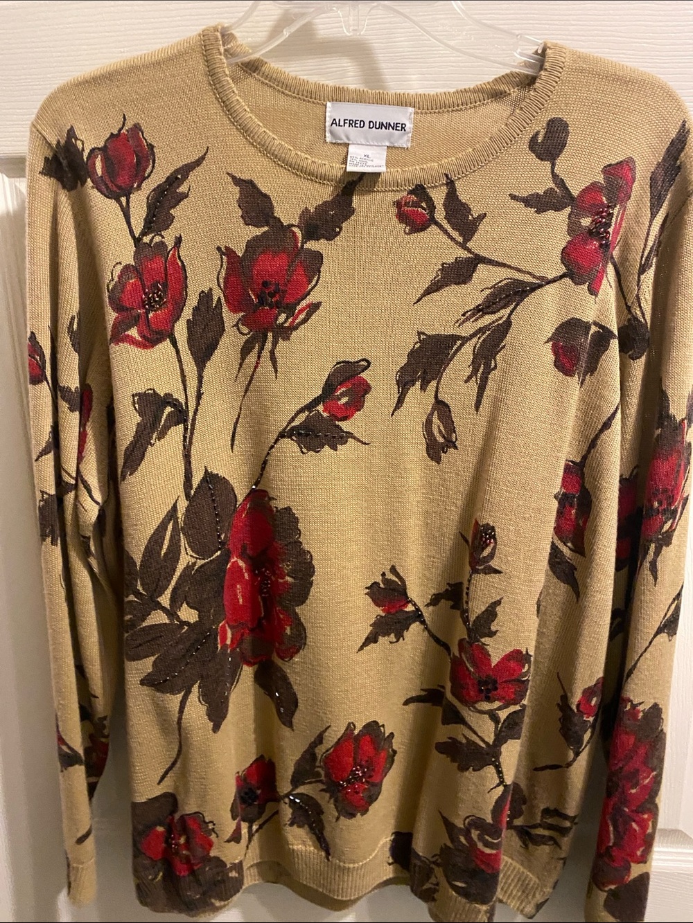 Alfred Dunner Tan Floral Crewneck Sweater with Red and Brown Accents